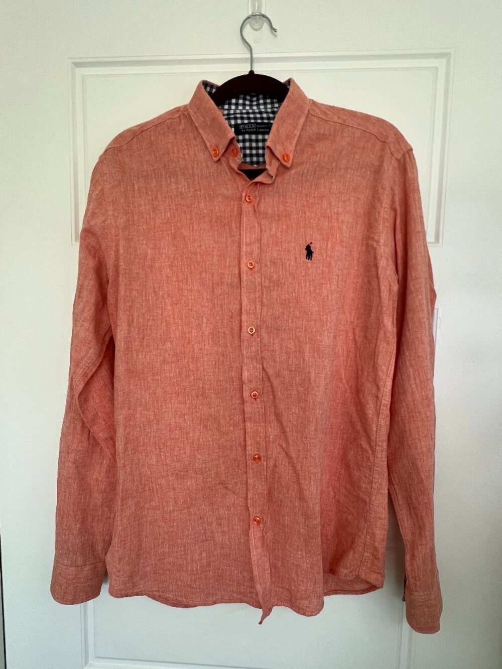 VTG Polo Ralph Lauren 100% Linen USA Made Orange Coral Size L Shirt Y2K